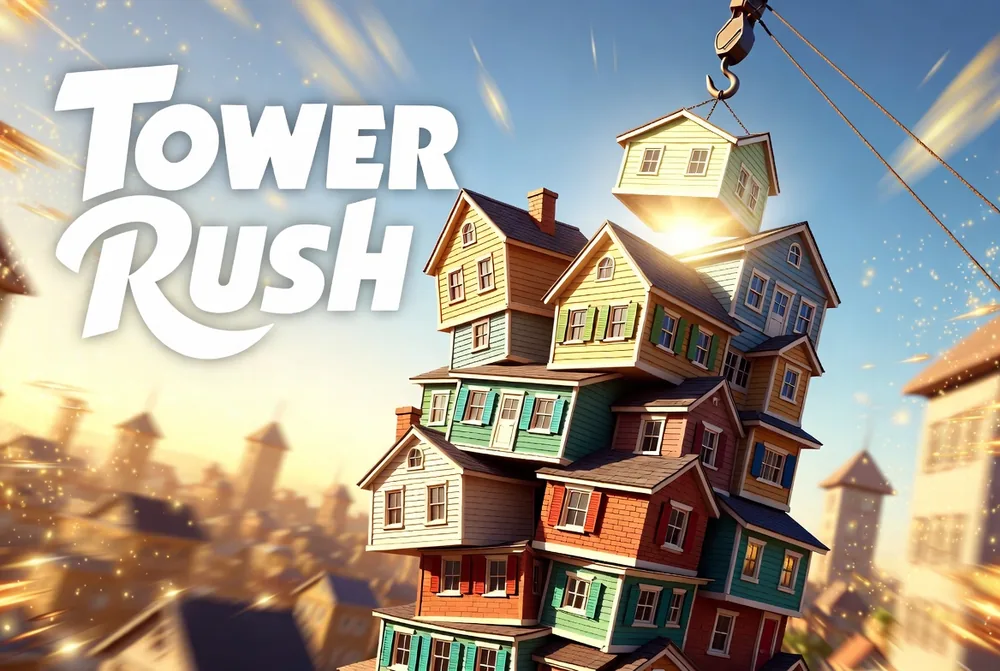 Tower Rush bonus concept with a golden tower at sunset
