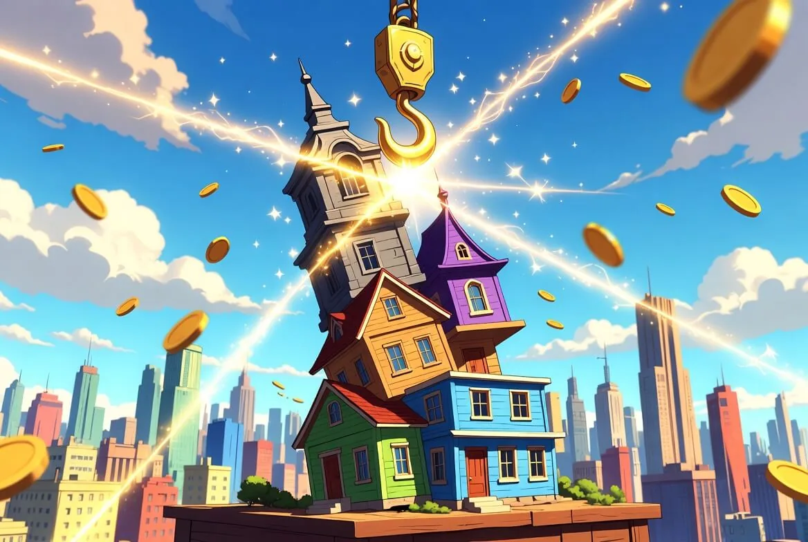 Tower Rush game skyline with a rising tower of stacked floors
